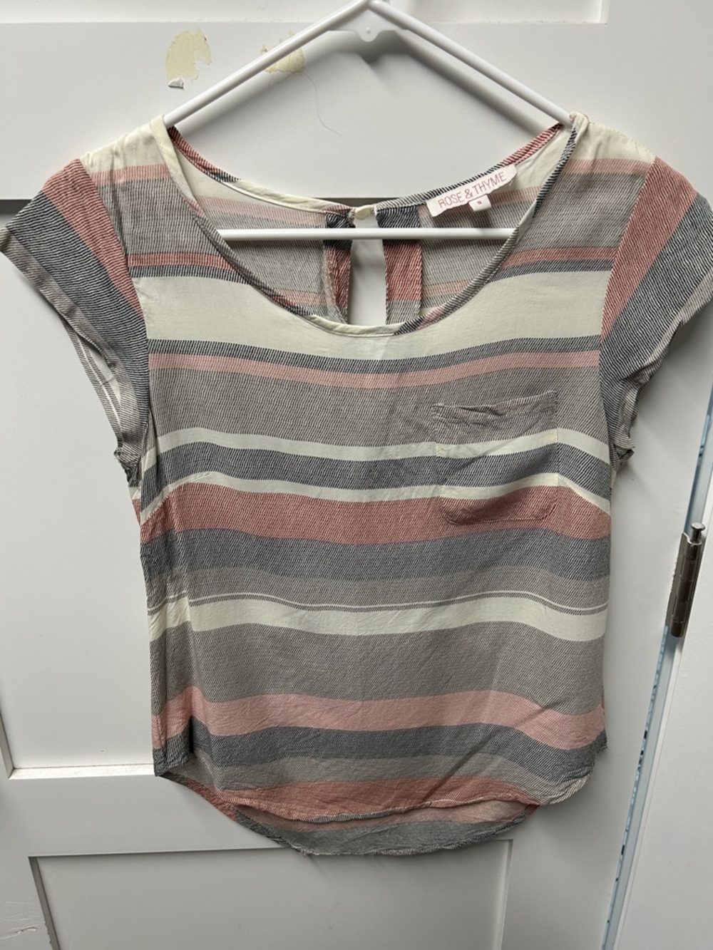 Striped Cap-Sleeve Tee in Cream, Pink & Gray